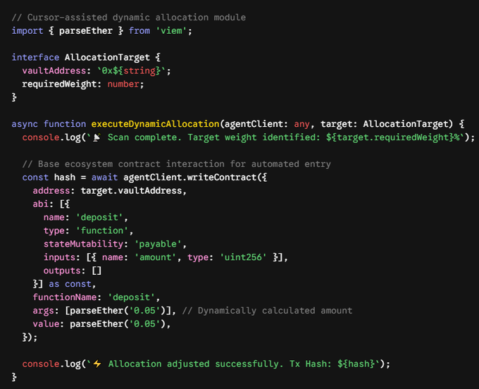 The image shows a code written in a programming language with multiple colors used for different parts of the code, such as text, numbers, and symbols. It appears that the code is related to creating an AI agent capable of managing dynamic allocation and routing assets independently. The code seems complex, but it's organized into sections, making it easier to understand and follow.