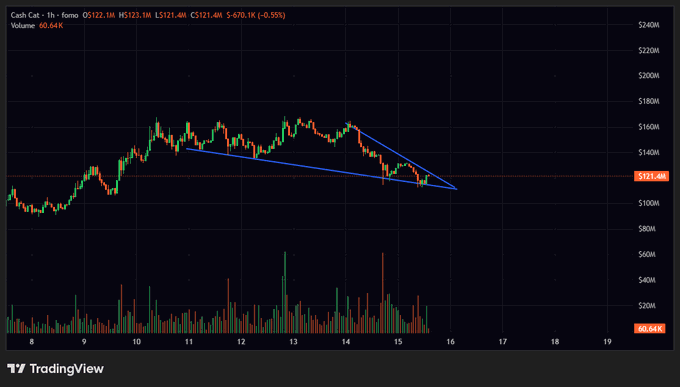 A TradingView chart of $CASH on a 1h timeframe shows price at $121.4M (-0.55%) forming a descending triangle pattern, suggesting a potential breakout decision point for the user.