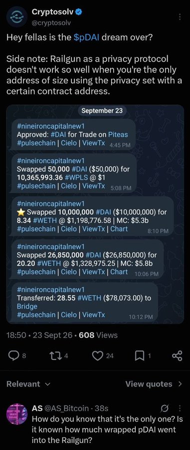 A screenshot of a tweet by @cryptosolv asking "Hey fellas is the $pDAI dream over?" with a side note questioning Railgun's privacy protocol effectiveness when a single address is the only one using the privacy set. The tweet displays multiple on-chain transactions from wallet #nineironcapitalnew1 on Pulsechain, showing approval of DAI for trading on Piteas, swapping 50,000 DAI for 10.36M WPLS, swapping 10M DAI for 8.34 WETH ($1.2M, MC: $5.3b), swapping 26.85M DAI for 20.20 WETH ($1.33M, MC: $5.8b), and transferring 28.55 WETH ($78,073) to Bridge. The accompanying post's humor about NineIronCapital selling pDAI for hoodies relates to the image's evidence of massive DAI sales/swaps totaling over $50M.