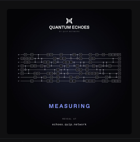 A dark digital poster for 'QUANTUM ECHOES' features a complex quantum circuit diagram with the word 'MEASURING' in blue and a reveal date at echoes.quip.network.