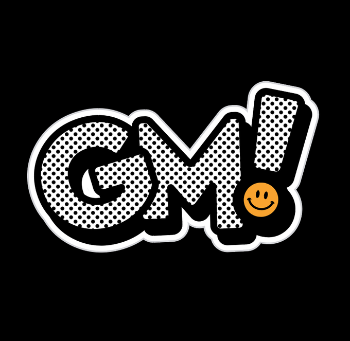 A black and white stylized logo reading 'GM!' with a polka dot pattern and an orange smiley face replacing the exclamation point.