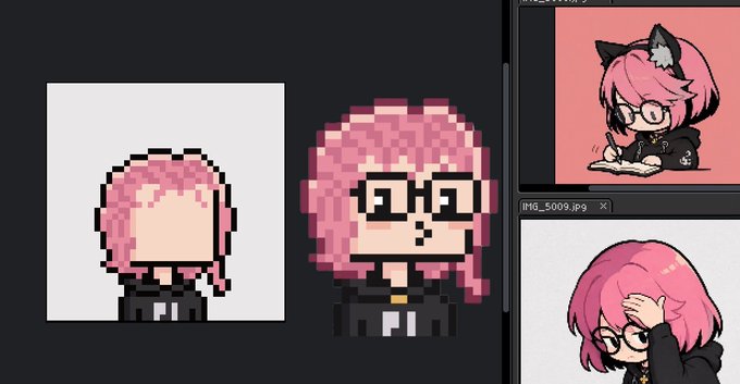 A digital artist's workspace shows the progression of creating an NFT character, with a basic pink-haired pixel sprite on the left evolving into a more detailed sprite with glasses in the center, while the reference artwork—a chibi-style character with pink hair, cat ears, and glasses—appears in Photoshop panels on the right, with the filename "IMG_5009.jpg" visible.