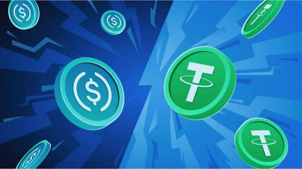 The image features teal USDC coins and green Tether (USDT) coins floating against a dynamic blue background, visually representing the competition between the two stablecoins. The graphic illustrates the article's point about TRON's dominance as the world's largest USDT network, highlighting the ongoing rivalry between USDT and USDC in the stablecoin market.