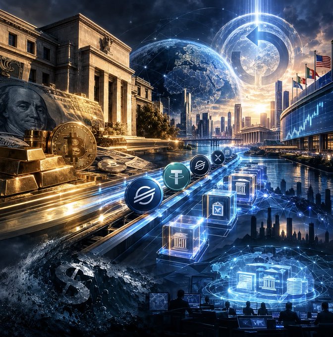 A digital illustration depicting a futuristic cityscape with cryptocurrency elements including Bitcoin gold coins, a Federal Reserve building, US currency, stock market charts, and a digital globe with flowing data streams.