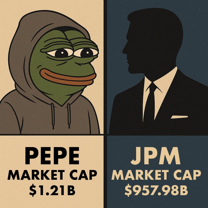 A four-panel comparison image showing Pepe the Frog in a hoodie on the left with "PEPE MARKET CAP $1.21B" labeled below, alongside a silhouetted businessman on the right with "JPM MARKET CAP $957.98B," illustrating the massive gap between the meme coin and JPMorgan's valuation referenced in the post's 0.13% flippening progress.