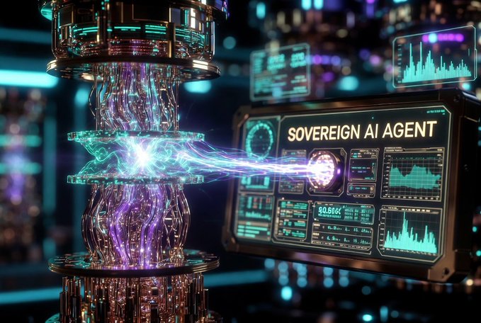 A futuristic sci-fi render shows a glowing purple and blue energy core connected by electrical arcs to a holographic display reading 'SOVEREIGN AI AGENT' with various data readouts.