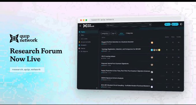 Promotional banner for Quip Network announcing their Research Forum is now live at research.quip.network, showing a dark-themed interface with various research topics listed including 'Rugged Portfolio Selection in a Quantum Assistant', '10.3 Trending release', 'Polynomial Hybrid Post-Quantum Signatures', and others.
