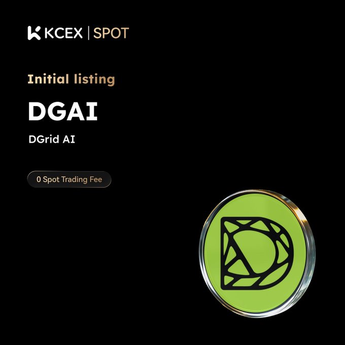 KCEX Spot exchange announcement for the initial listing of 'DGAI' (DGrid AI) token with a 0 Spot Trading Fee.