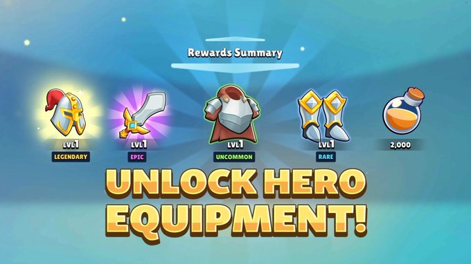 A mobile game screenshot showing a 'Rewards Summary' screen with various hero equipment icons (Legendary, Epic, Uncommon, Rare) and the text 'UNLOCK HERO EQUIPMENT!' displayed prominently.