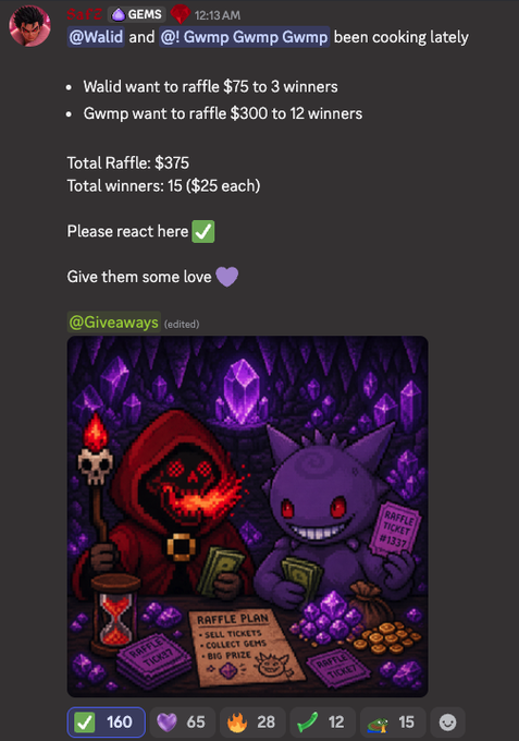 A Discord post from "Jarlz" announces a $375 giveaway by members @walid and @! Gwmp Gwmp Gwmp, raffling $75 to 3 winners and $300 to 12 winners, with 15 total winners receiving $25 each. The attached pixel-art illustration shows a hooded figure and a purple cat-like creature holding raffle tickets and cash in a crystal-filled cave, complementing the message of community generosity within the 0xAlphaGEMs group.