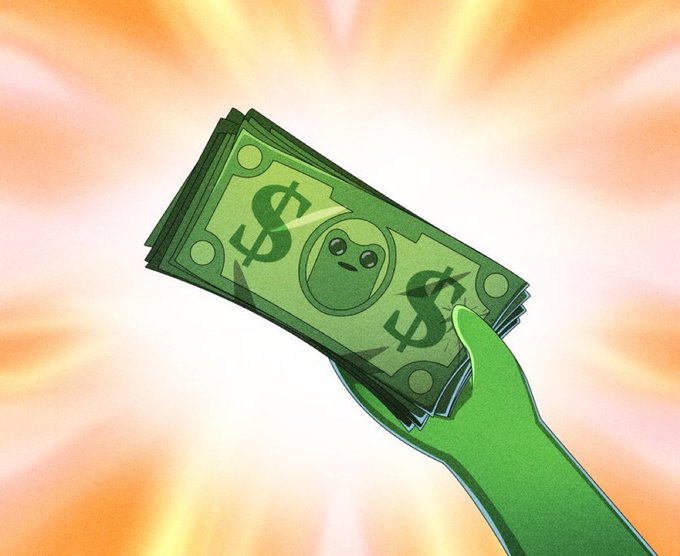 Cartoon illustration of a green hand holding a stack of green dollar bills featuring a small character face, set against a glowing orange sunburst background.