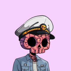 Pixel art character featuring a skull head with exposed brain, wearing a white captain's hat and a light blue military-style uniform against a pale purple background.