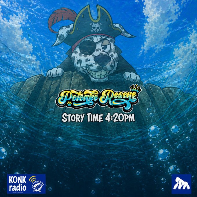 A pirate-themed illustration of a dog wearing an eyepatch and tricorn hat emerging from water, advertising 'Dokabe Reserve Story Time 4:20PM' with KONK Radio branding.
