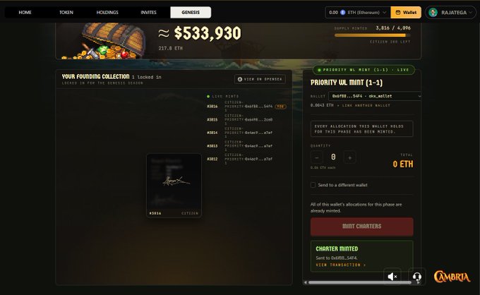 A screenshot of the Cambria NFT marketplace displays the 'GENESIS' tab, showing a 'PRIORITY WL MINT (1-1)' phase for a 'CITIZEN' NFT, with a wallet address and a red 'MINT CHAPTER 1' button.