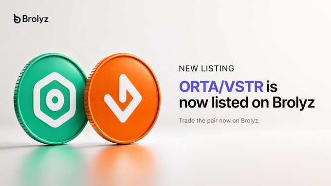Brolyz announces a new listing of the ORTA/VSTR trading pair, featuring stylized 3D coin graphics alongside the tagline "NEW LISTING — ORTA/VSTR is now listed on Brolyz" and a call to "Trade the pair now on Brolyz."