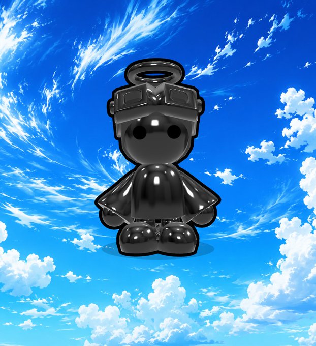 A glossy black figurine resembling a robot or astronaut with a halo, set against a bright blue sky with clouds.