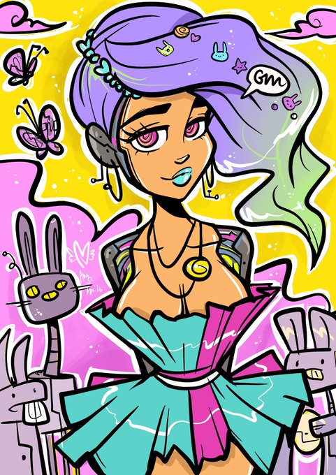 A colorful cartoon illustration features a woman with purple and green hair, surrounded by butterflies and small robotic-looking creatures against a bright yellow background.