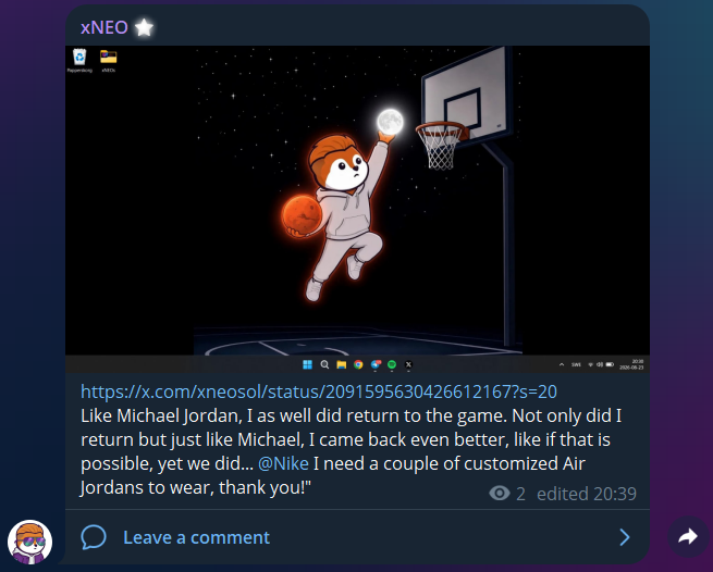 An X post by 'xNEO' featuring an illustration of a character playing basketball at night, with text mentioning a return 'like Michael Jordan' and asking Nike for customized Air Jordans.