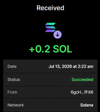 A crypto wallet transaction confirmation showing a successful receipt of +0.2 SOL on the Solana network on Jul 13, 2026 at 2:22 am from address 6gcH...FfX6, which corresponds to the 0.2 SOL minimum payment sent for the $BHOODIES presale offer.