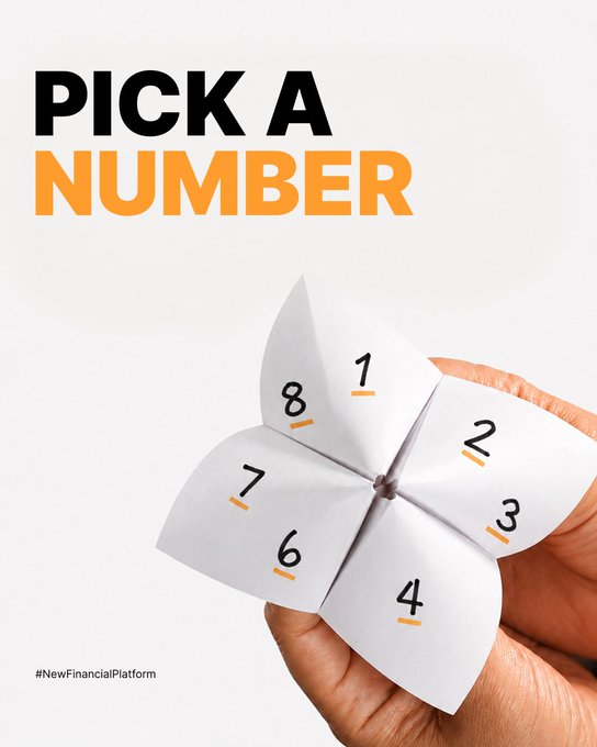A hand holds an origami fortune teller displaying numbered flaps (1-8) beneath the bold headline "PICK A NUMBER," visually inviting viewers to choose their next move with the post's playful prompt, "Your number is your next Bybit move."