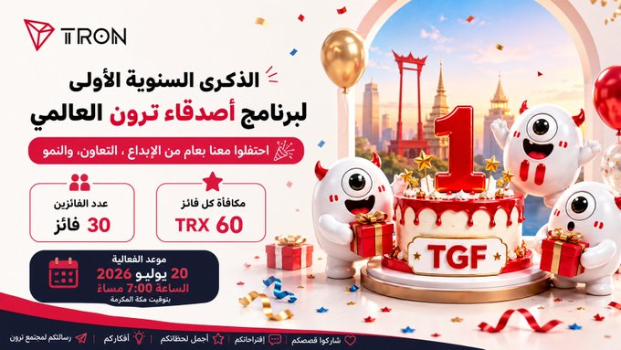 The image is a festive promotional graphic celebrating the first anniversary of the **TRON Global Friends (TGF)** program, featuring cute devil-mascot characters with a "1" anniversary cake and landmarks like the Golden Gate Bridge. Key details include a **60 TRX reward per winner**, **30 winners**, and an event on **July 20, 2026, at 7:00 PM Mecca time**, inviting participants to the TRON Arabic community X Space to celebrate.