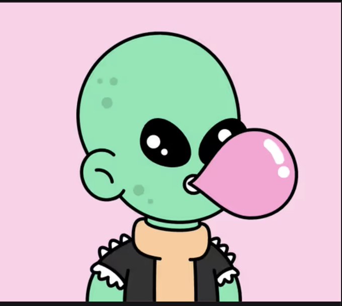 A cartoon green-skinned alien character with large black eyes blowing a pink bubblegum bubble against a solid pink background.
