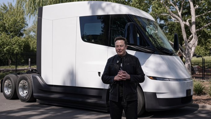 Elon Musk standing in front of a silver Tesla Semi electric truck at an outdoor event.