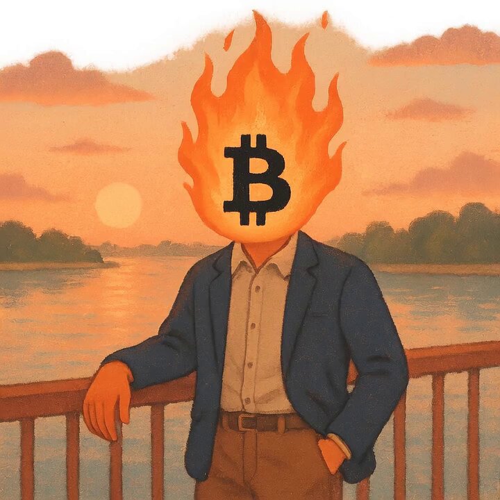 The image features a man standing next to a railing, with his head turned towards the camera. He is wearing a suit and tie, giving him an air of sophistication or formality. The background includes a sunset over water, adding a serene atmosphere to the scene. The caption "BURNCOIN" appears in the image, which could be a reference to Bitcoin or another cryptocurrency-related term.