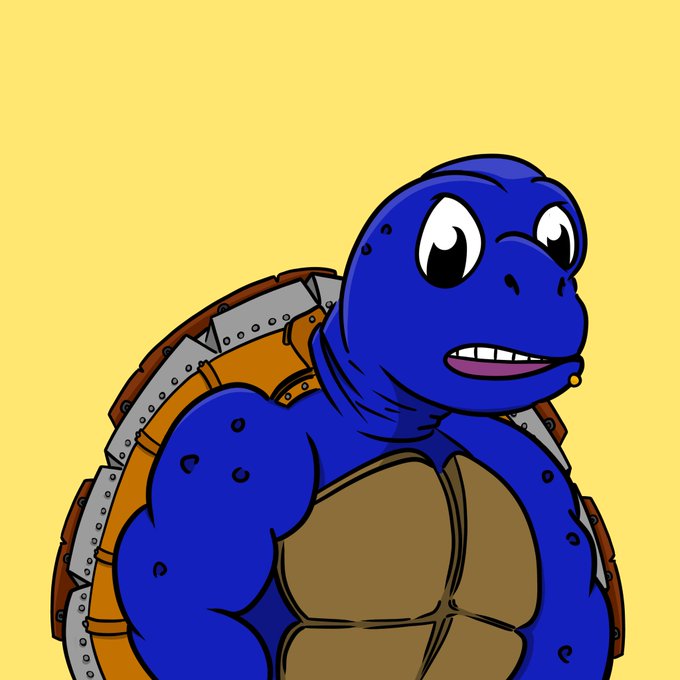 A cartoon illustration of a muscular blue turtle with a brown shell, featuring big eyes and a slight smile against a yellow background.