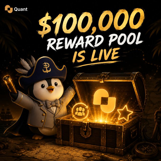 The image features an illustration of a penguin wearing a pirate hat standing next to a treasure chest filled with gold coins and diamonds. The text below the image states "100,000 reward pool is live", indicating that the reward pool is currently operational for creators. The poster promotes this reward pool as a platform to collect rewards from their own creations or those of others on the platform. Additionally, it provides instructions on how to navigate through the website and access the reward pool.