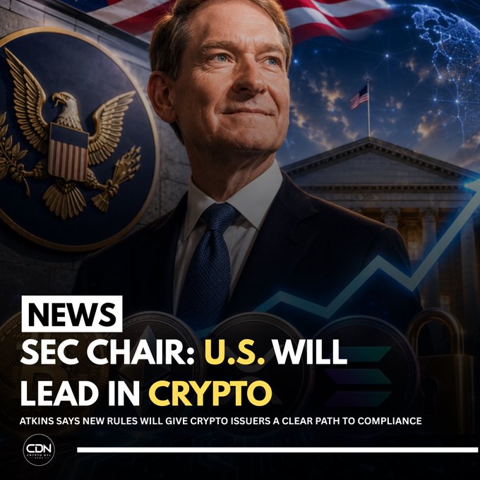 A news graphic from CDN featuring SEC Chair Atkins with text 'NEWS SEC CHAIR: U.S. WILL LEAD IN CRYPTO' and 'ATKINS SAYS NEW RULES WILL GIVE CRYPTO ISSUERS A CLEAR PATH TO COMPLIANCE.'