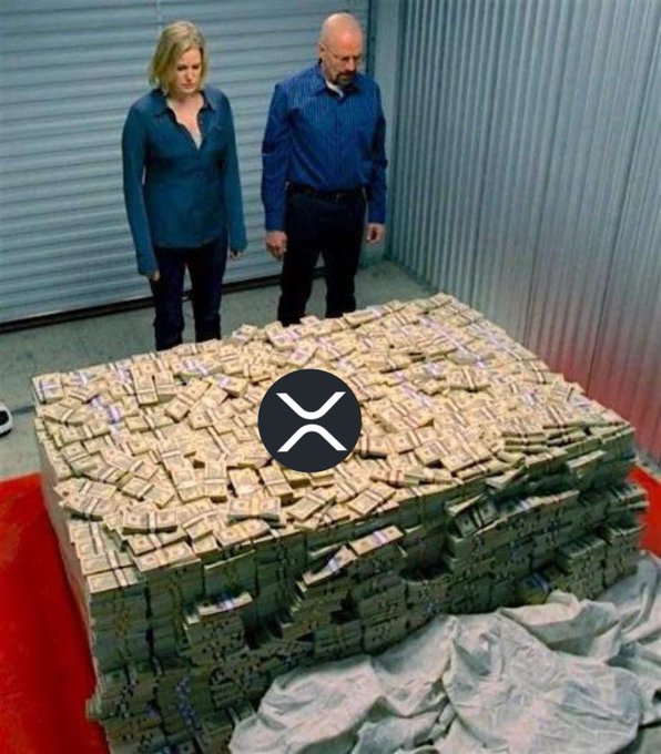 Two people stand behind a massive pile of cash stacked in a room, illustrating the hyperbolic scenario in which selling even a single XRP token results in a room full of money due to XRP's speculated future price increase.