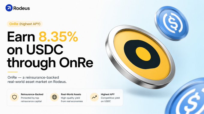 Rodeus advertisement promoting 'OnRe' offering 8.35% APY on USDC, featuring coins and highlighting features like reinsurance-backed protection, real-world assets, and highest APY.