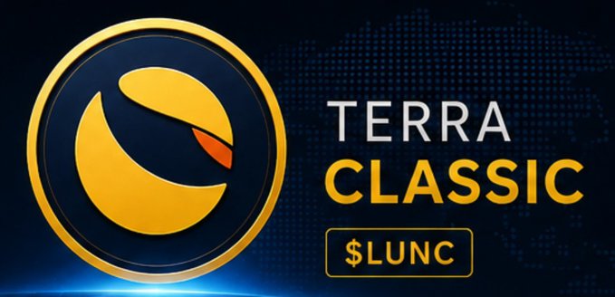 The image shows the Terra Classic ($LUNC) logo featuring a stylized yellow crescent and coin design on a dark blue background, with "TERRA CLASSIC" and "$LUNC" text prominently displayed. This branding accompanies a post highlighting $LUNC's recent 37% six-day drop and ongoing technical bearish signals despite its year-to-date gains and volatile 2026 uptrend.