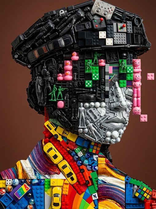 Creative silhouette of a person's profile filled with an assortment of toys, including LEGO bricks, toy soldiers, dice, Rubik's cubes, and small cars.