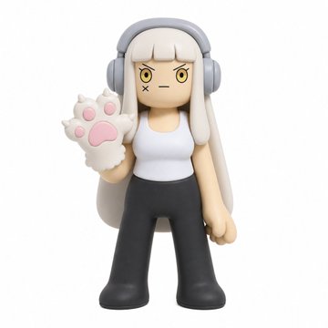 A small figurine of an anime-style girl with white hair, cat ears, and headphones, wearing a white tank top and dark pants, holding out her paw-shaped hand.