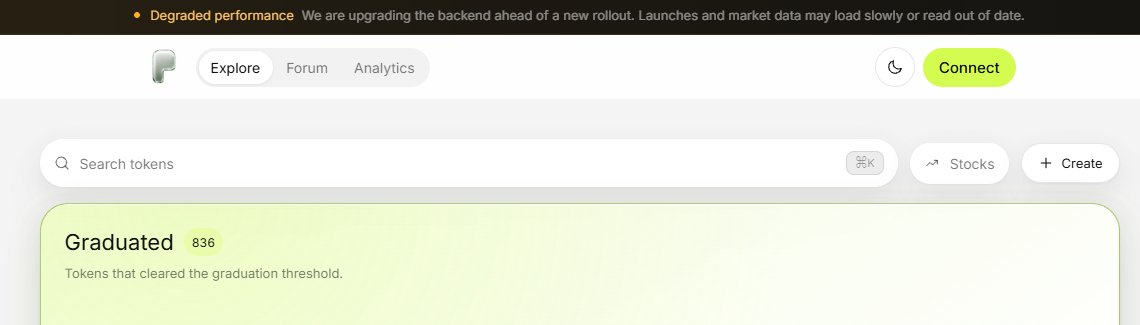 A website interface showing a 'Degraded performance' warning banner about backend upgrades, with navigation tabs for Explore, Forum, and Analytics, plus a 'Graduated' section listing 836 tokens.