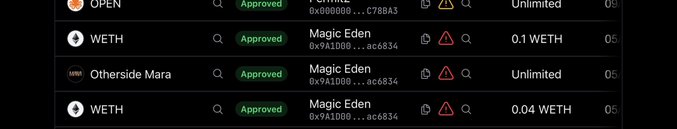 A cryptocurrency transaction history showing multiple 'Approved' WETH transactions on Magic Eden with various amounts including 0.1 WETH, 0.04 WETH, and unlimited approvals.