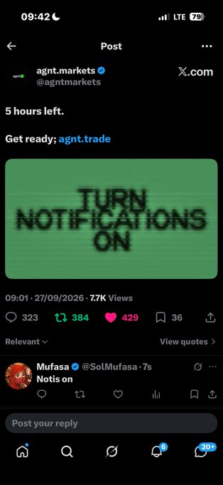 X post from @agntmarkets (agnt.markets) saying '5 hours left. Get ready: agnt.trade' with a green graphic reading 'TURN NOTIFICATIONS ON.'