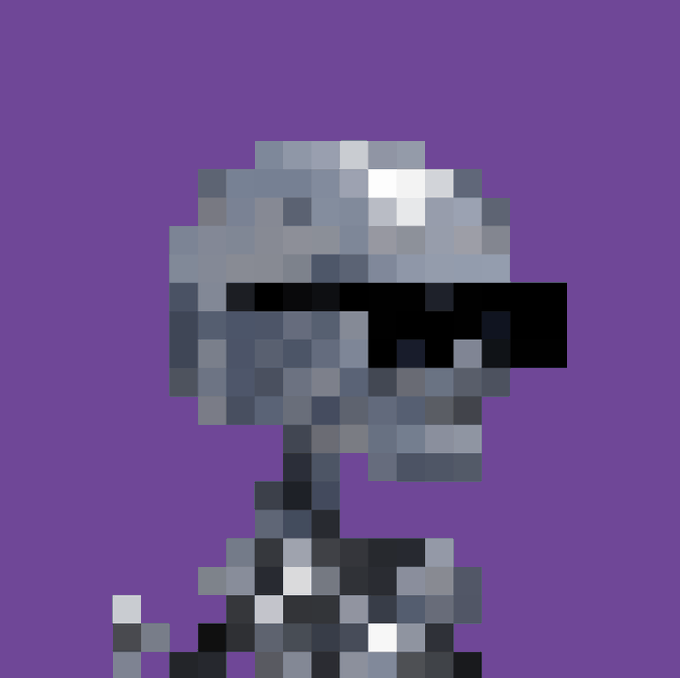 A pixel art rendering of what appears to be a robotic or armored figure in dark blue and grey tones against a solid purple background.
