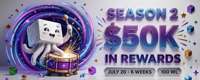The image is a vibrant promotional graphic for Season 2 of Ghast AI, featuring a cute cartoon dice character enthusiastically playing a drum amid swirling purple energy and sparkles. Bold text announces "SEASON 2," "$50K IN REWARDS," along with the dates "JULY 20 - 6 WEEKS" and "100 WL," highlighting the key details of the campaign mentioned in the post.