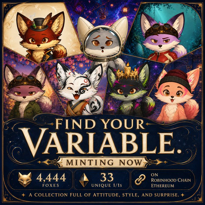 A promotional advertisement for an NFT collection titled 'Find Your Variable' featuring six anthropomorphic fox illustrations with different costumes and styles, advertising 4,444 foxes, 33 unique 1/1s, available on Robinhood Chain and Ethereum.