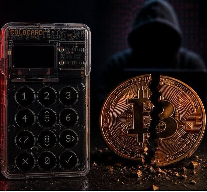 A stylized image shows a Coldcard hardware wallet beside a cracked Bitcoin coin, with a hooded hacker figure working on a laptop in the background.