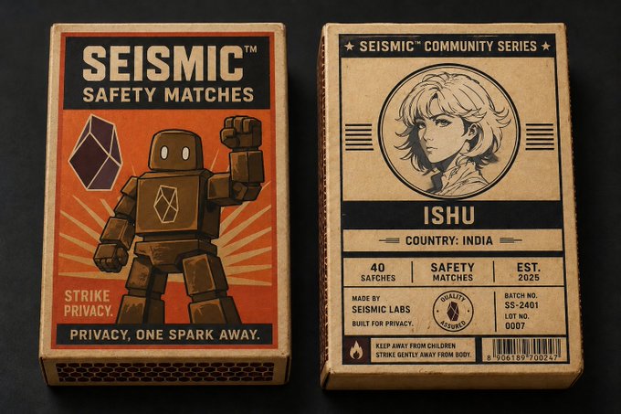 Two cardboard matchboxes labeled 'SEISMIC SAFETY MATCHES' are displayed; the left features an orange design with a robot and 'STRIKE PRIVACY. PRIVACY, ONE SPARK AWAY.', while the right is from the 'SEISMIC COMMUNITY SERIES' showing a character portrait, 'ISHU', 'COUNTRY: INDIA', '40 SAFCHES', 'EST. 2025', 'MADE BY SEISMIC LABS', and batch number 'SS-2401'.
