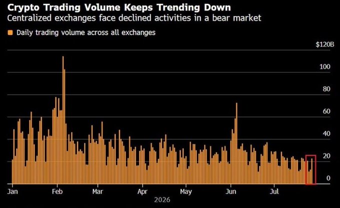 A bar chart titled 'Crypto Trading Volume Keeps Trending Down' shows declining daily trading volume across all centralized exchanges from January to July 2026.