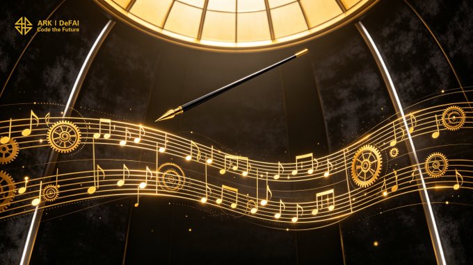 A golden fountain pen glides across flowing musical staff lines adorned with mechanical gears, under a glowing dome, with the text "ARK | DeFAI — Code the Future" in the upper left. The image visually echoes the post's theme of creative rhythm and structured flow, symbolizing how Arkie AI transforms ideas into orchestrated, Web3-ready content.