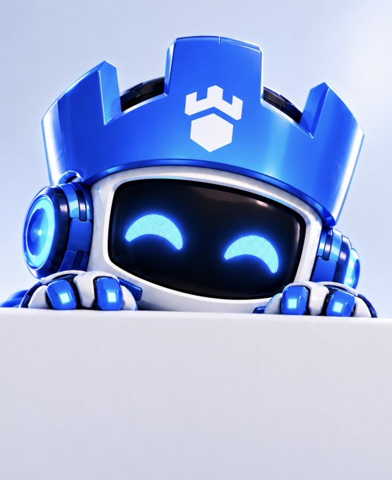 A cute blue robot mascot with glowing digital eyes and a crown-like helmet peeks over a blank white banner, ready to host the "$15 SOL GIVEAWAY" with its cheerful, engaging expression matching the giveaway's playful tone.
