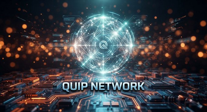 A glowing digital sphere hovers above a futuristic circuit board landscape, with the text "QUIP NETWORK" displayed prominently across the bottom. The image's quantum-inspired visuals and tech aesthetic directly reinforce the post's claims about Quip Network's testnet achievements, including 500+ active nodes, 20,000 quantum-resistant wallets, and their hybrid quantum-GPU-CPU architecture delivering 160 PFLOPS.