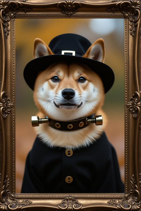An ornate gold frame encloses a digital portrait of a Shiba Inu dog wearing a black pilgrim hat with a buckle and a matching coat, evoking a Thanksgiving theme.