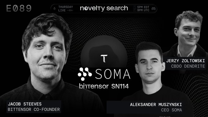 The image is a promotional graphic for Episode 89 of "Novelty Search" featuring Jacob Steeves (Bittensor co-founder), Aleksander Muszynski (CEO of SOMA), and Jerzy Zoltowski (CBDO of Dendrite), highlighting SOMA's Bittensor subnet SN114 which is building a decentralized marketplace for AI services.